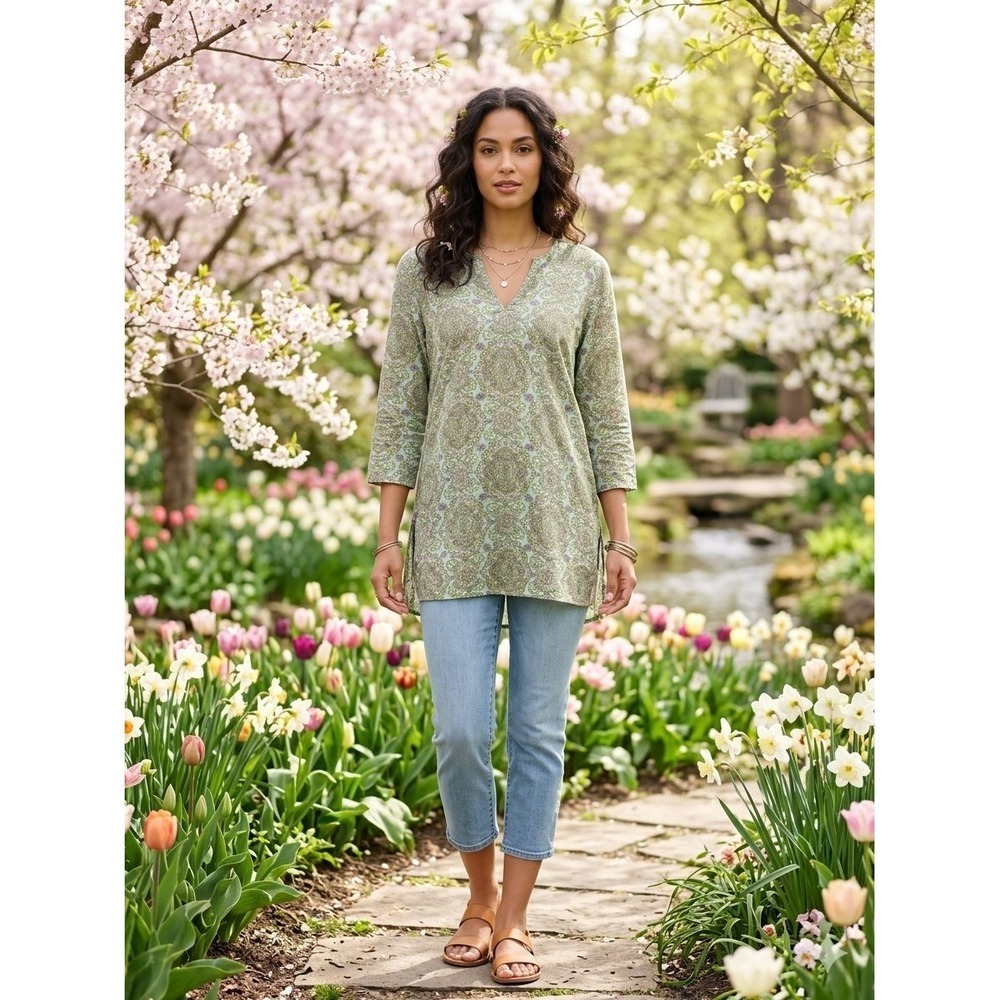 J.Crew medallion 3/4 Sleeve V Neck Tunic M Forest Fairy Indie Penny Lane Spring